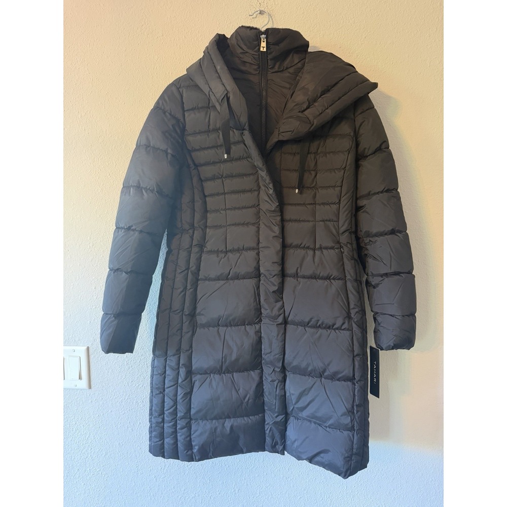 TAHARI Womens Black Casey Fitted Puffer Quilted Winter Coat Hooded Size M